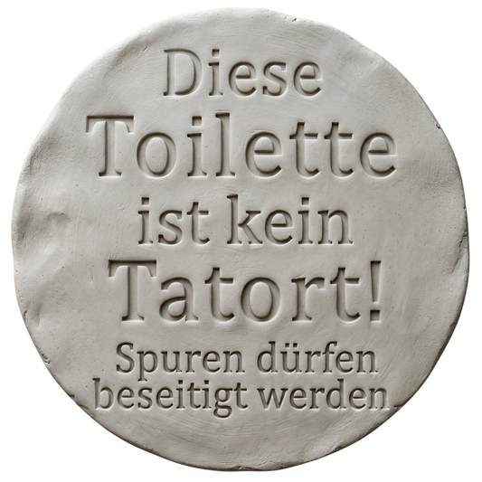 Sauberer und tiefer Stempelabdruck des Textstempels in hellem, unglasiertem Ton. Das detailreiche Relief zeigt klare Druckbuchstaben für perfekte, witzige Keramikschilder.