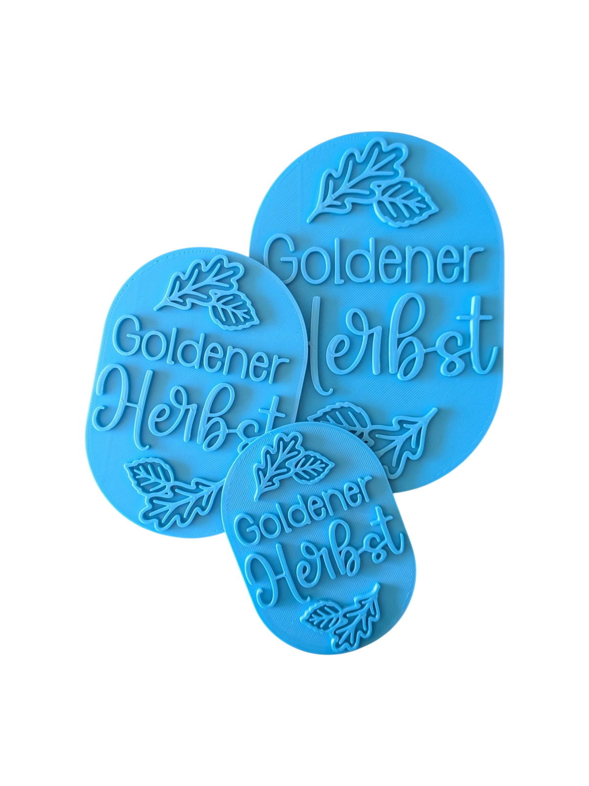 Zwei blaue Spruch-Stempel Goldener Herbst in unterschiedlichen Größen für gemütliche Herbst-Keramik.