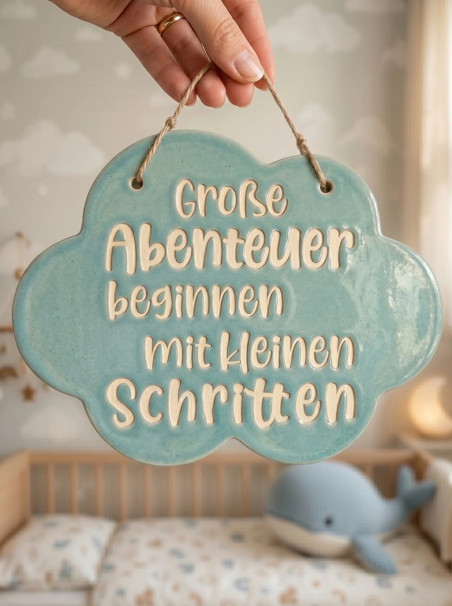 Fertig glasiertes Wandbild aus Keramik in Wolkenform mit dem Spruch 'Große Abenteuer beginnen mit kleinen Schritten'. Eine inspirierende Töpfer-Idee für das Kinderzimmer. Die präzisen Konturen wurden mit einem MinseArt Keramikstempel geprägt.