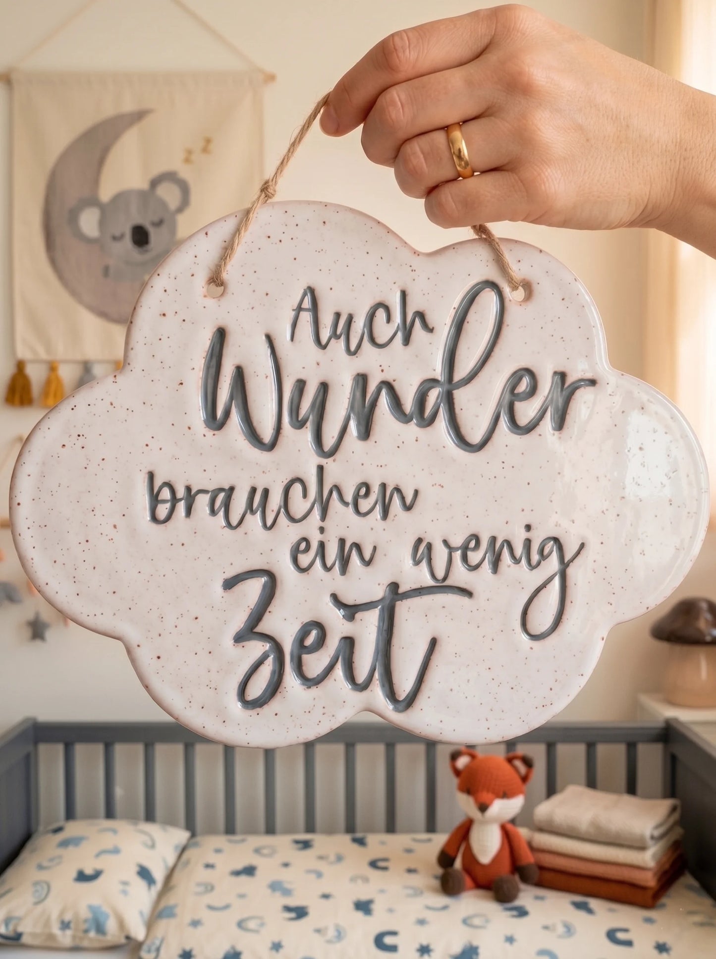 Fertig glasiertes Wandbild aus Keramik in Wolkenform mit dem Spruch 'Auch Wunder brauchen ein wenig Zeit'. Eine inspirierende Töpfer-Idee für das Kinderzimmer. Die präzisen Konturen wurden mit einem MinseArt Keramikstempel geprägt.